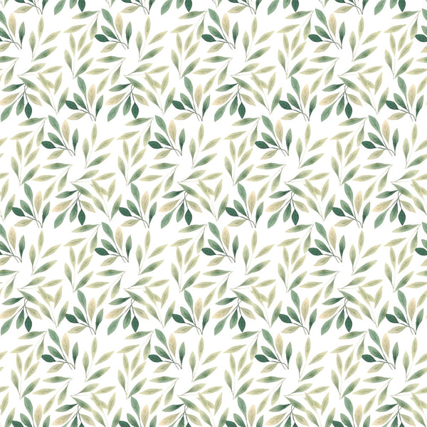 sage green, olive green, beige, cream, white, botanical leaves, branch pattern, watercolor style, nature motif, organic design, seamless repeat,, fabric panel, spring theme, foliage print, delicate branches, soft palette, natural elements, leaf clusters, flowing pattern
