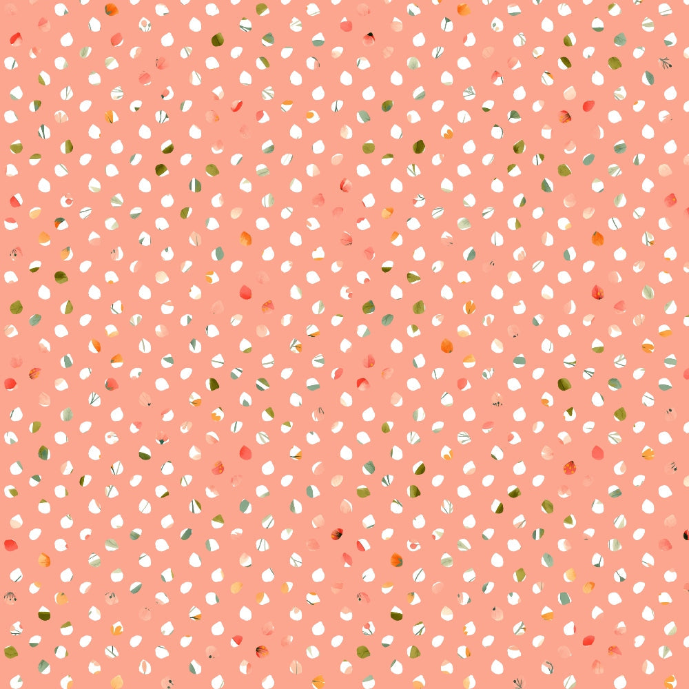 coral pink, peach background, white dots, polka dot pattern, green accents, orange spots, scattered dots, confetti style, playful design, spring colors,, fabric panel, cheerful mood, geometric pattern, small scale print, modern style, crafting fabric, sewing material, colorful dots, whimsical pattern
