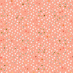 coral pink, peach background, white dots, polka dot pattern, green accents, orange spots, scattered dots, confetti style, playful design, spring colors,, fabric panel, cheerful mood, geometric pattern, small scale print, modern style, crafting fabric, sewing material, colorful dots, whimsical pattern