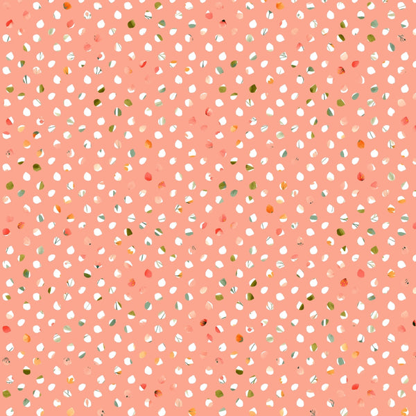 coral pink, peach background, white dots, polka dot pattern, green accents, orange spots, scattered dots, confetti style, playful design, spring colors,, fabric panel, cheerful mood, geometric pattern, small scale print, modern style, crafting fabric, sewing material, colorful dots, whimsical pattern