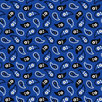 royal blue, paisley pattern, bandana print, white dots, black accents, teardrop shapes, floral motifs, southwestern style, repeating design,, fabric panel, americana theme, dotted borders, curved patterns, geometric elements, crafting material, sewing fabric