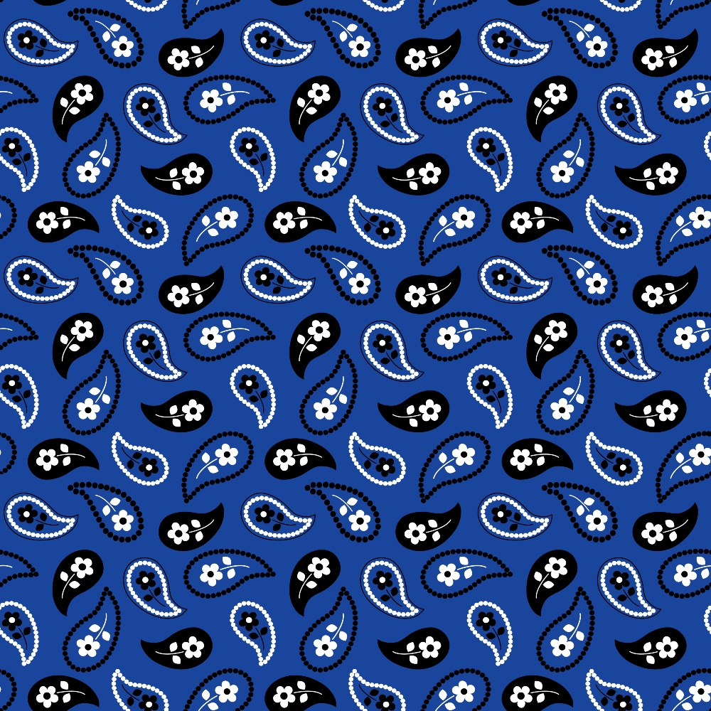 royal blue, paisley pattern, bandana print, white dots, black accents, teardrop shapes, floral motifs, southwestern style, repeating design,, fabric panel, americana theme, dotted borders, curved patterns, geometric elements, crafting material, sewing fabric