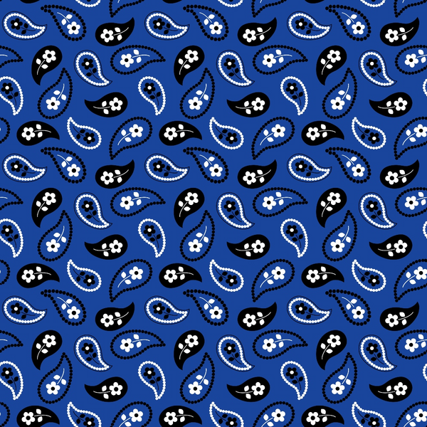 royal blue, paisley pattern, bandana print, white dots, black accents, teardrop shapes, floral motifs, southwestern style, repeating design,, fabric panel, americana theme, dotted borders, curved patterns, geometric elements, crafting material, sewing fabric