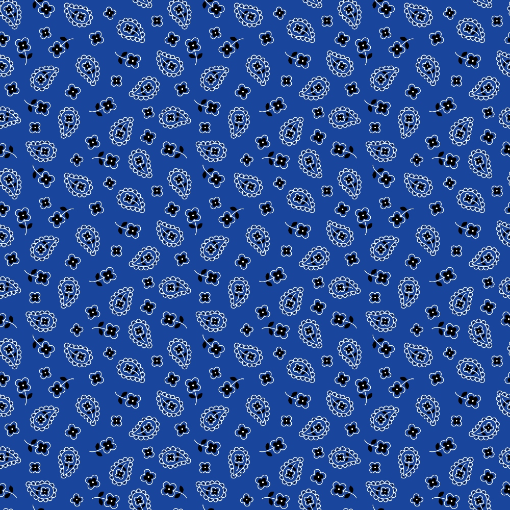 blue fabric, royal blue, navy blue, bandana print, paisley pattern, floral motifs, western style, cowboy aesthetic,, fabric panel, repeating pattern, decorative stitching, country western, ranch style, cotton material, craft fabric, sewing supplies, americana style, geometric flowers
