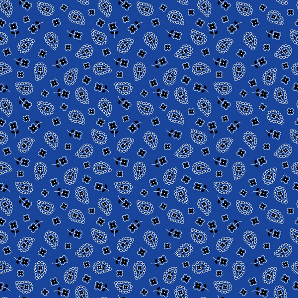 blue fabric, royal blue, navy blue, bandana print, paisley pattern, floral motifs, western style, cowboy aesthetic,, fabric panel, repeating pattern, decorative stitching, country western, ranch style, cotton material, craft fabric, sewing supplies, americana style, geometric flowers