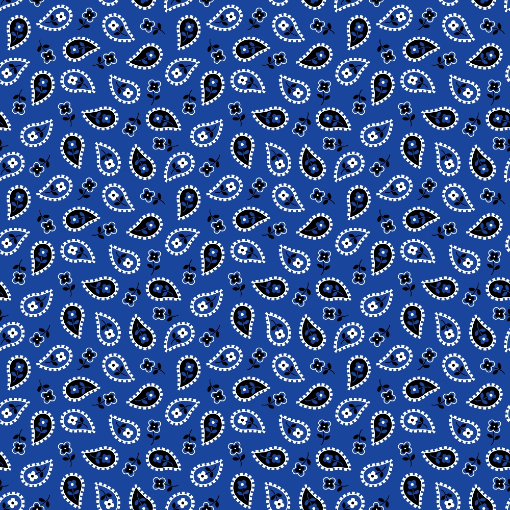blue bandana, paisley pattern, cotton fabric, quilting material, western motifs, teardrop shapes, dotted borders, floral elements, geometric design, royal blue, navy accents, white details, black outlines, repeating pattern, cowboy style, vintage americana, fabric panel, southwestern theme, decorative paisley, country western