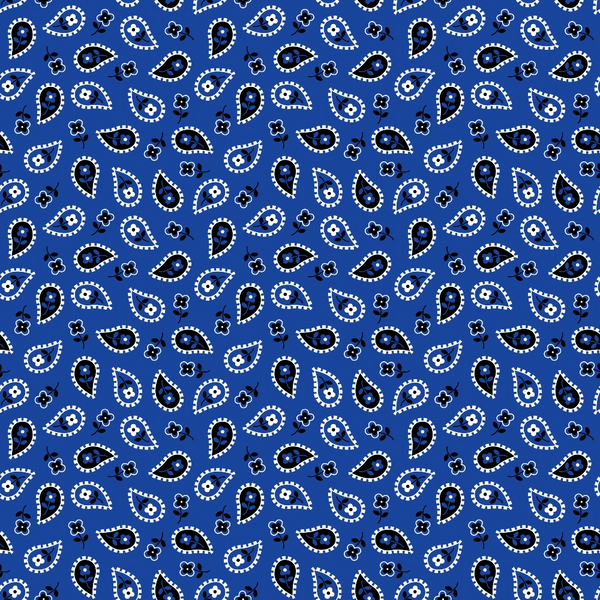 blue bandana, paisley pattern, cotton fabric, quilting material, western motifs, teardrop shapes, dotted borders, floral elements, geometric design, royal blue, navy accents, white details, black outlines, repeating pattern, cowboy style, vintage americana, fabric panel, southwestern theme, decorative paisley, country western
