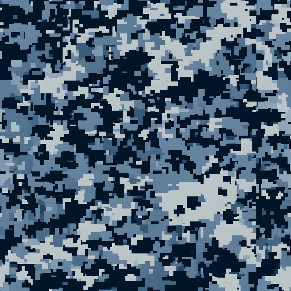 navy blue, light blue, gray, white, military camouflage, digital camo, pixelated pattern, geometric shapes, tactical design,, fabric panel, modern camouflage, blue camo, military style, cotton fabric, crafting material, sewing fabric, camouflage print, digital military pattern