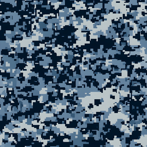 navy blue, light blue, gray, white, military camouflage, digital camo, pixelated pattern, geometric shapes, tactical design,, fabric panel, modern camouflage, blue camo, military style, cotton fabric, crafting material, sewing fabric, camouflage print, digital military pattern