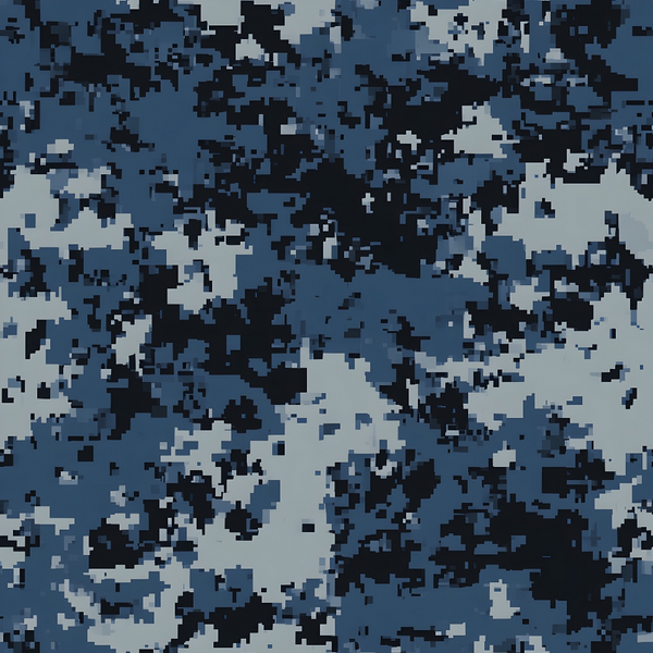 blue camouflage, military pattern, navy blue, dark blue, light blue, gray, black, digital camo, pixelated design, abstract camouflage,, fabric panel, tactical pattern, geometric shapes, blended colors, seamless pattern, modern camouflage, blue tones, cotton fabric, military inspired