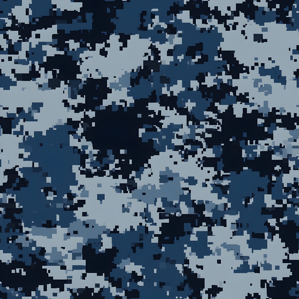blue, navy blue, light blue, gray, military camouflage, camo pattern, digital camouflage, pixelated design, geometric shapes, irregular blocks, tactical, combat style,, fabric panel, contemporary, modern camouflage, blue tones, monochromatic, military inspired, geometric camouflage