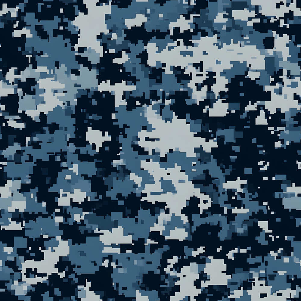 navy blue, steel blue, light gray, white, digital camouflage, military pattern, pixelated design, geometric shapes, tactical camo, modern camouflage,, fabric panel, contemporary style, uniform pattern, blue tones, grayscale accents, structured design, military theme, cotton fabric, repeating motif