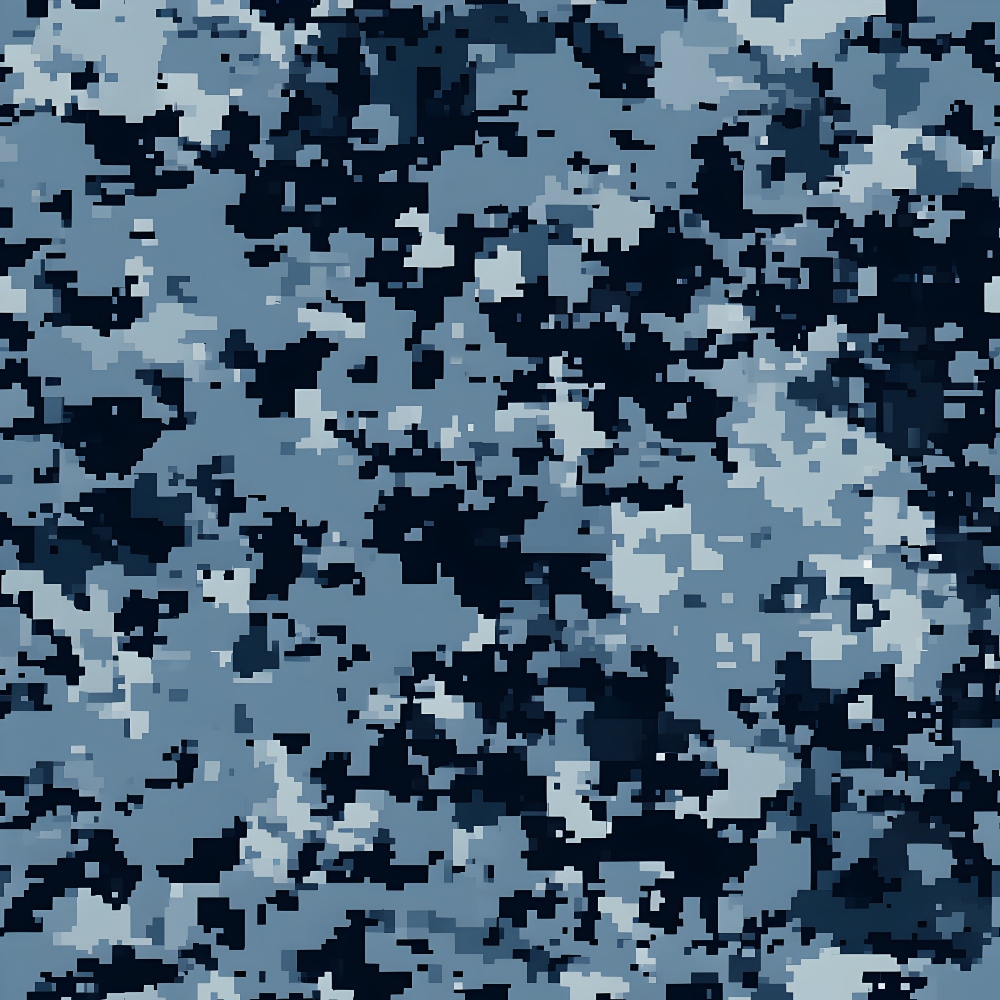 navy blue, light blue, gray blue, military camouflage, digital camouflage, pixelated pattern, tactical design, geometric shapes, irregular blocks, modern camo,, fabric panel, military theme, blue tones, contemporary pattern, angular design, pixelated texture, camouflage print, tactical fabric, geometric camouflage