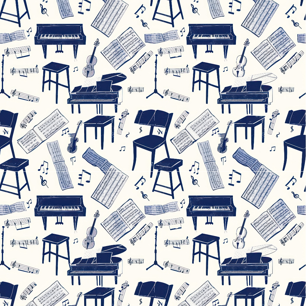 navy blue, cream background, music instruments, grand piano, violin, sheet music, music notes, treble clef, piano bench, music stands,, repeating pattern, musical theme, classroom instruments, educational motif, monochromatic design, scattered layout, music lesson, instrumental pattern, fabric panel
