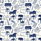 navy blue, cream background, music instruments, grand piano, violin, sheet music, music notes, treble clef, piano bench, music stands,, repeating pattern, musical theme, classroom instruments, educational motif, monochromatic design, scattered layout, music lesson, instrumental pattern, fabric panel