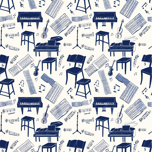 navy blue, cream background, music instruments, grand piano, violin, sheet music, music notes, treble clef, piano bench, music stands,, repeating pattern, musical theme, classroom instruments, educational motif, monochromatic design, scattered layout, music lesson, instrumental pattern, fabric panel