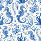 blue, white, cream, seahorses, sea creatures, marine life, ocean theme, seaweed, coral, starfish, shells, bubbles, aquatic plants, underwater scene, whimsical, decorative pattern,, fabric panel, nautical, coastal theme, repetitive design, sea life motifs