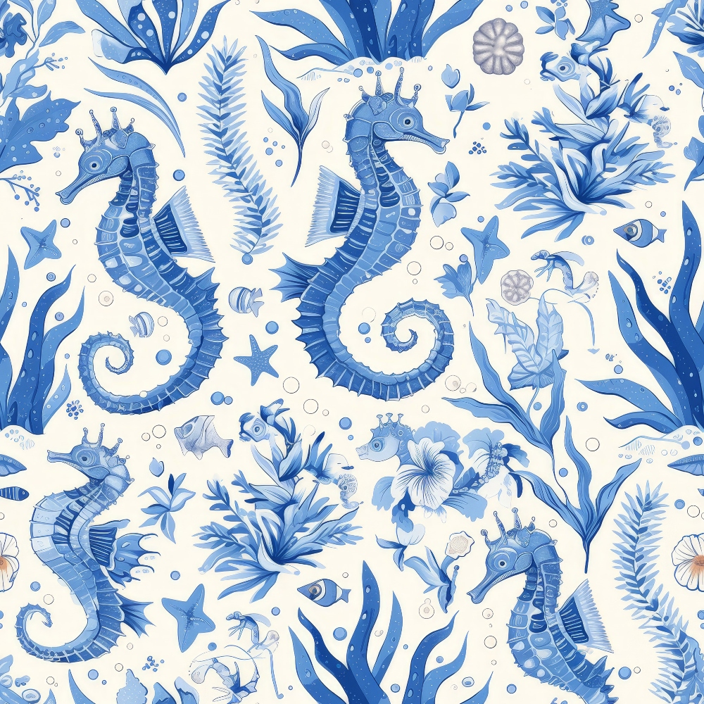 blue, white, cream, seahorses, sea creatures, marine life, ocean theme, seaweed, coral, starfish, shells, bubbles, aquatic plants, underwater scene, whimsical, decorative pattern,, fabric panel, nautical, coastal theme, repetitive design, sea life motifs