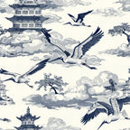 blue, white, cream, vintage pattern, cranes, birds in flight, pagoda, asian architecture, clouds, trees, toile style, oriental design, nature scene, serene mood,, fabric panel, repeating pattern, monochromatic, botanical elements, peaceful atmosphere