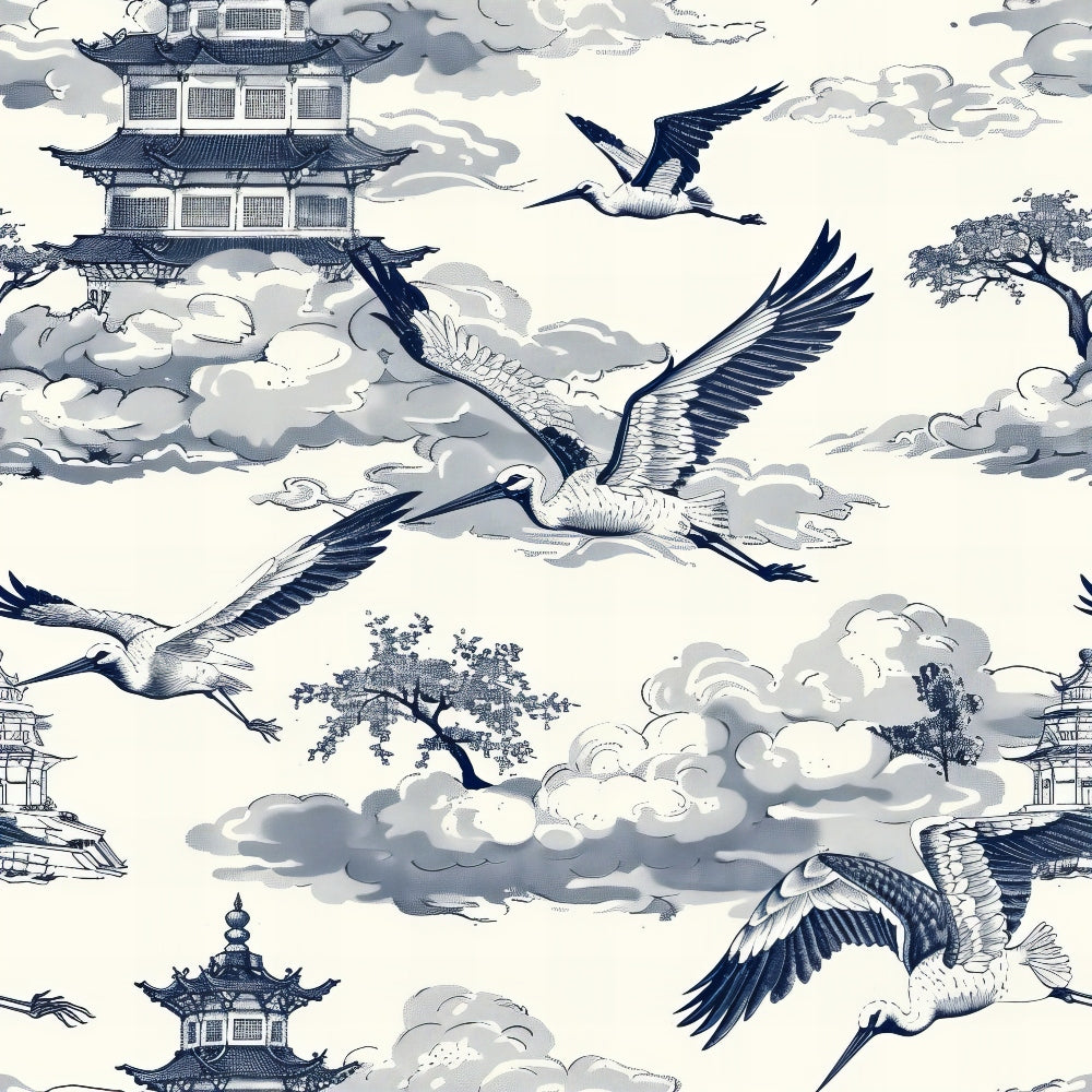 blue, white, cream, vintage pattern, cranes, birds in flight, pagoda, asian architecture, clouds, trees, toile style, oriental design, nature scene, serene mood,, fabric panel, repeating pattern, monochromatic, botanical elements, peaceful atmosphere