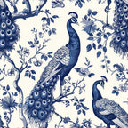 navy blue, cream background, peacocks, floral branches, botanical design, chinoiserie style, toile pattern,, fabric panel, ornate birds, decorative feathers, vintage inspired, blue and white, oriental motifs, nature scenes, elegant birds, flowing tails, detailed illustration