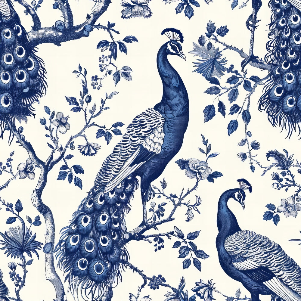 navy blue, cream background, peacocks, floral branches, botanical design, chinoiserie style, toile pattern,, fabric panel, ornate birds, decorative feathers, vintage inspired, blue and white, oriental motifs, nature scenes, elegant birds, flowing tails, detailed illustration
