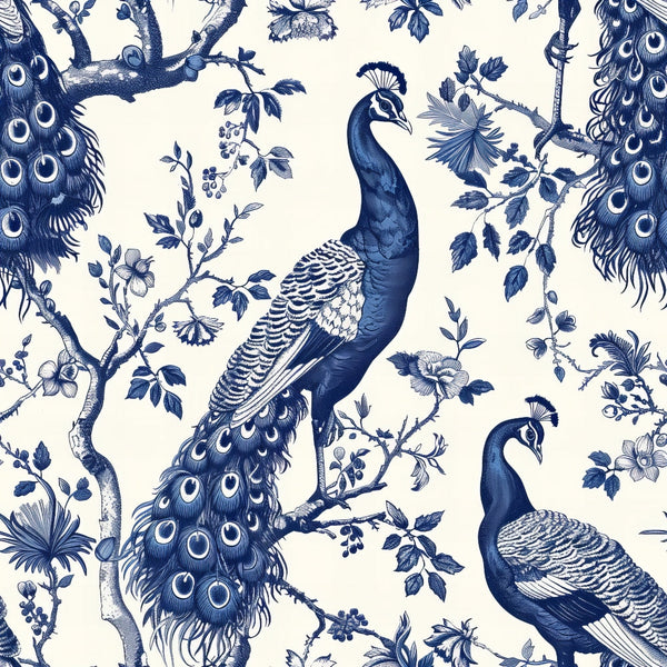 navy blue, cream background, peacocks, floral branches, botanical design, chinoiserie style, toile pattern,, fabric panel, ornate birds, decorative feathers, vintage inspired, blue and white, oriental motifs, nature scenes, elegant birds, flowing tails, detailed illustration