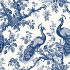 blue, white, cream, peacocks, birds, floral, botanical, branches, leaves, roses, toile, chinoiserie, vintage, ornate, detailed, elegant,, fabric panel, monochromatic, nature motifs