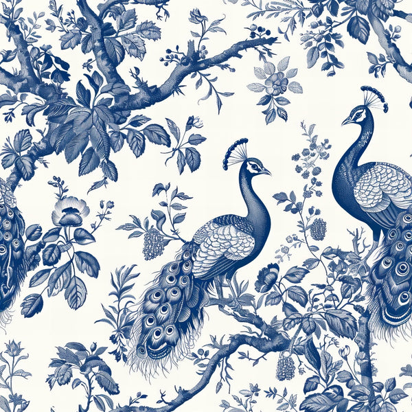 blue, white, cream, peacocks, birds, floral, botanical, branches, leaves, roses, toile, chinoiserie, vintage, ornate, detailed, elegant,, fabric panel, monochromatic, nature motifs