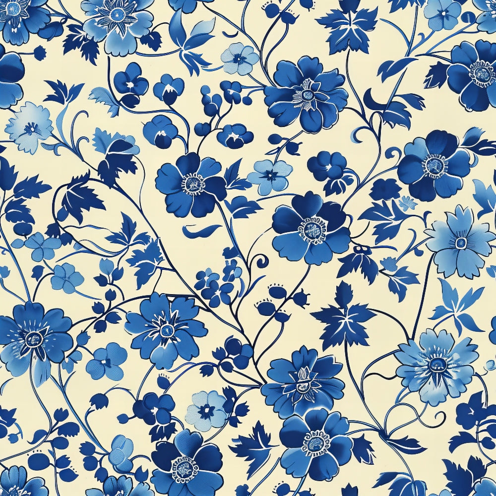 blue flowers, cream background, floral pattern, vintage chinoiserie, botanical design, delicate blooms, navy blue, light blue, cottage core,, fabric panel, flowing vines, decorative florals, antique style, porcelain inspired, ornate petals, garden motif, romantic pattern, soft pastels