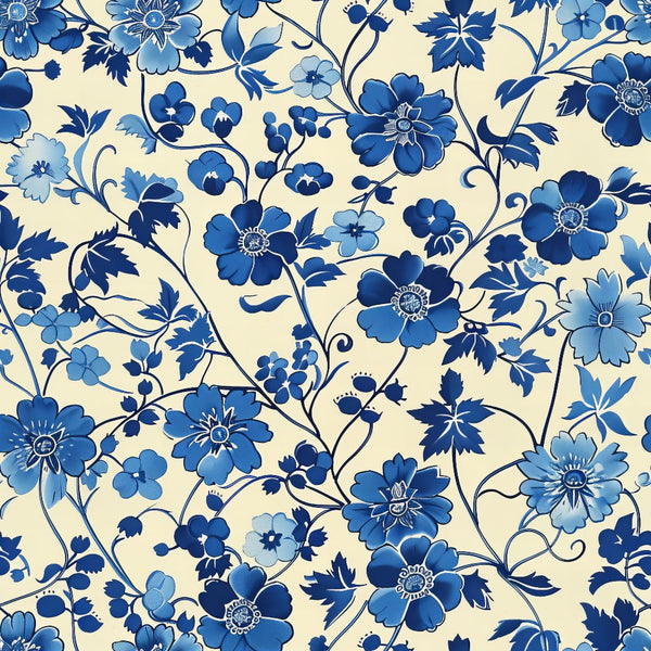 blue flowers, cream background, floral pattern, vintage chinoiserie, botanical design, delicate blooms, navy blue, light blue, cottage core,, fabric panel, flowing vines, decorative florals, antique style, porcelain inspired, ornate petals, garden motif, romantic pattern, soft pastels