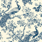 navy blue, cream background, peacocks, floral motifs, branches, leaves, toile pattern, vintage style, botanical design,, fabric panel, birds, feathers, elegant plumage, decorative tail feathers, garden scene, monochromatic, detailed illustration, nature theme, ornate design