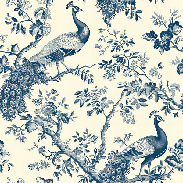 navy blue, cream background, peacocks, floral motifs, branches, leaves, toile pattern, vintage style, botanical design,, fabric panel, birds, feathers, elegant plumage, decorative tail feathers, garden scene, monochromatic, detailed illustration, nature theme, ornate design