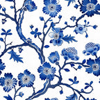 blue and white, floral pattern, botanical design, chinoiserie style, vintage motif, branching vines, blooming flowers, ornate blossoms, delicate leaves, decorative branches,, fabric panel, asian inspired, porcelain pattern, elegant florals, monochromatic blue, intricate details, nature elements, cotton fabric, craft material