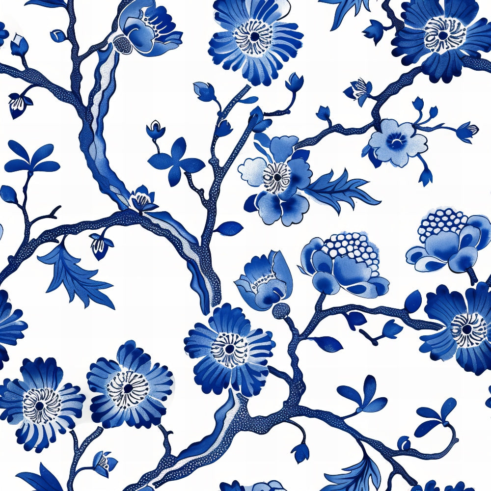 blue and white, floral pattern, botanical design, chinoiserie style, vintage motif, branching vines, blooming flowers, ornate blossoms, delicate leaves, decorative branches,, fabric panel, asian inspired, porcelain pattern, elegant florals, monochromatic blue, intricate details, nature elements, cotton fabric, craft material