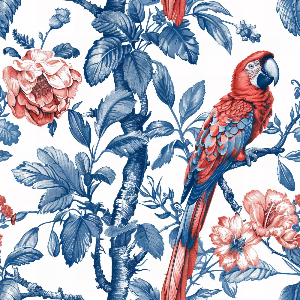 blue, coral, white, vintage pattern, tropical birds, parrot, macaw, botanical foliage, palm leaves, hibiscus flowers, chinoiserie style, exotic florals,, fabric panel, tropical theme, ornate design, detailed illustration, vintage aesthetic, nature motifs, decorative pattern