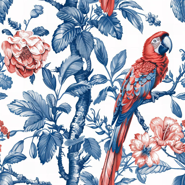 blue, coral, white, vintage pattern, tropical birds, parrot, macaw, botanical foliage, palm leaves, hibiscus flowers, chinoiserie style, exotic florals,, fabric panel, tropical theme, ornate design, detailed illustration, vintage aesthetic, nature motifs, decorative pattern