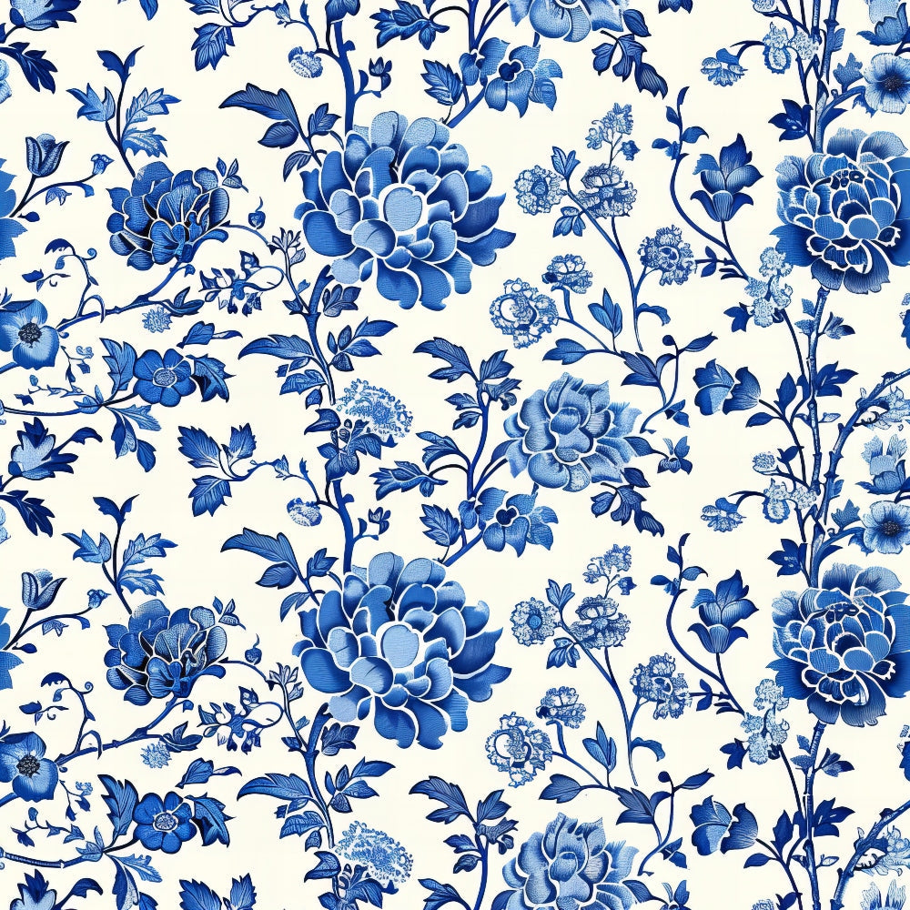 blue and white, vintage china, floral pattern, botanical motifs, peonies, chrysanthemums, delicate flowers, branching vines, porcelain style, toile design,, fabric panel, ivory background, cobalt blue, cerulean blue, elegant florals, chinoiserie, repeating pattern, cotton fabric