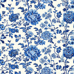 blue and white, vintage china, floral pattern, botanical motifs, peonies, chrysanthemums, delicate flowers, branching vines, porcelain style, toile design,, fabric panel, ivory background, cobalt blue, cerulean blue, elegant florals, chinoiserie, repeating pattern, cotton fabric