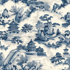 blue and white, vintage pattern, chinese architecture, pagodas, temples, mountains, clouds, trees, bonsai trees, bridges, oriental landscape, toile design, monochromatic, scenic pattern,, fabric panel, asian motifs, misty atmosphere, nature scenes, repeating pattern