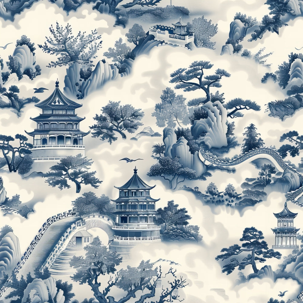 blue and white, vintage pattern, chinese architecture, pagodas, temples, mountains, clouds, trees, bonsai trees, bridges, oriental landscape, toile design, monochromatic, scenic pattern,, fabric panel, asian motifs, misty atmosphere, nature scenes, repeating pattern