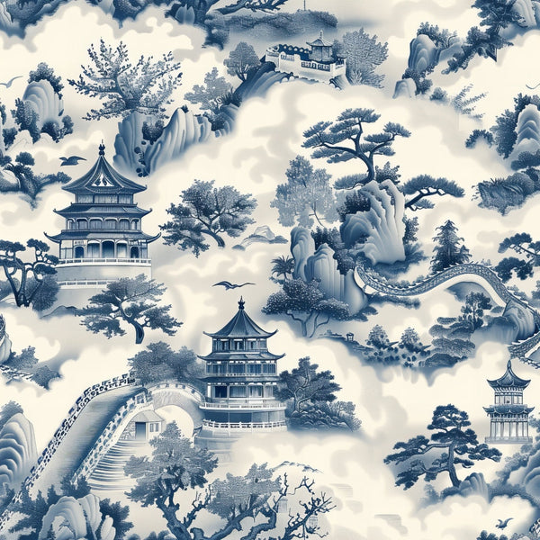 blue and white, vintage pattern, chinese architecture, pagodas, temples, mountains, clouds, trees, bonsai trees, bridges, oriental landscape, toile design, monochromatic, scenic pattern,, fabric panel, asian motifs, misty atmosphere, nature scenes, repeating pattern