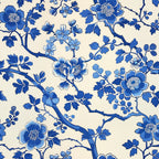 blue and white, chinoiserie, floral pattern, botanical design, vintage style,, fabric panel, toile pattern, delft blue, porcelain inspired, flowering branches, decorative motif, oriental design, monochromatic, intricate details, climbing vines, blossom clusters, cream background, textile print, crafting fabric