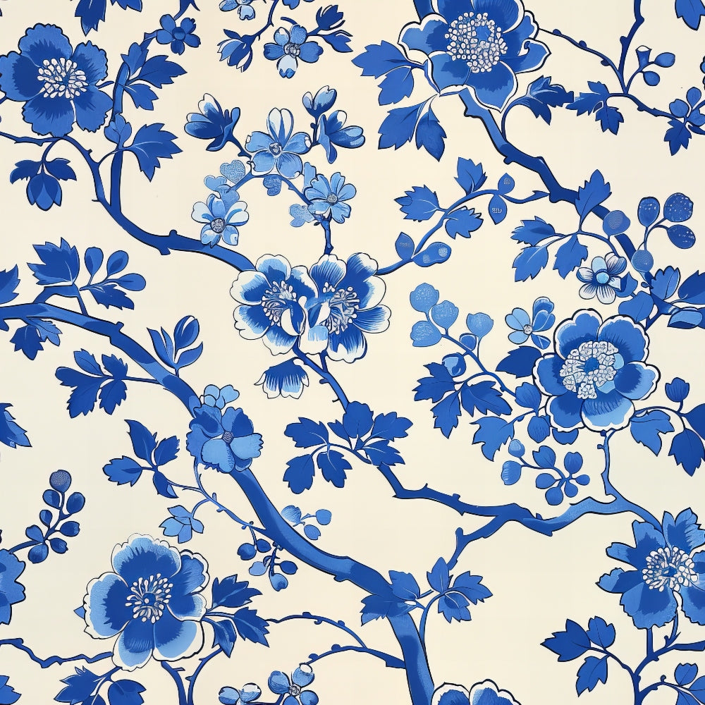 blue and white, chinoiserie, floral pattern, botanical design, vintage style,, fabric panel, toile pattern, delft blue, porcelain inspired, flowering branches, decorative motif, oriental design, monochromatic, intricate details, climbing vines, blossom clusters, cream background, textile print, crafting fabric