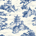 blue and white, vintage china, toile pattern, pagoda, asian architecture, mountain landscape, clouds, trees, nature scene, botanical elements, monochromatic,, fabric panel, oriental design, scenic motif, delft blue, chinoiserie, peaceful mood, repetitive pattern