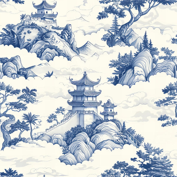 blue and white, vintage china, toile pattern, pagoda, asian architecture, mountain landscape, clouds, trees, nature scene, botanical elements, monochromatic,, fabric panel, oriental design, scenic motif, delft blue, chinoiserie, peaceful mood, repetitive pattern