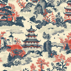 blue, coral red, cream, beige, vintage pattern, asian inspired, pagodas, temples, mountains, clouds, trees, birds, scenic landscape, toile style, repeating motif,, fabric panel, serene mood, oriental design, nature elements