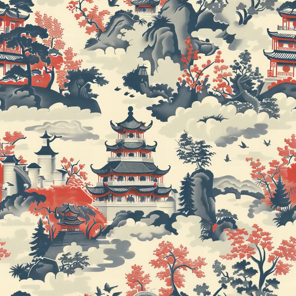 blue, coral red, cream, beige, vintage pattern, asian inspired, pagodas, temples, mountains, clouds, trees, birds, scenic landscape, toile style, repeating motif,, fabric panel, serene mood, oriental design, nature elements
