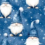 blue, winter gnomes,, fabric panel, snowflakes, white beards, knit hats, pom poms, navy blue, winter theme, cute characters, whimsical style, snowing, seasonal design, craft fabric, sewing material, repeating pattern, festive, cozy winter