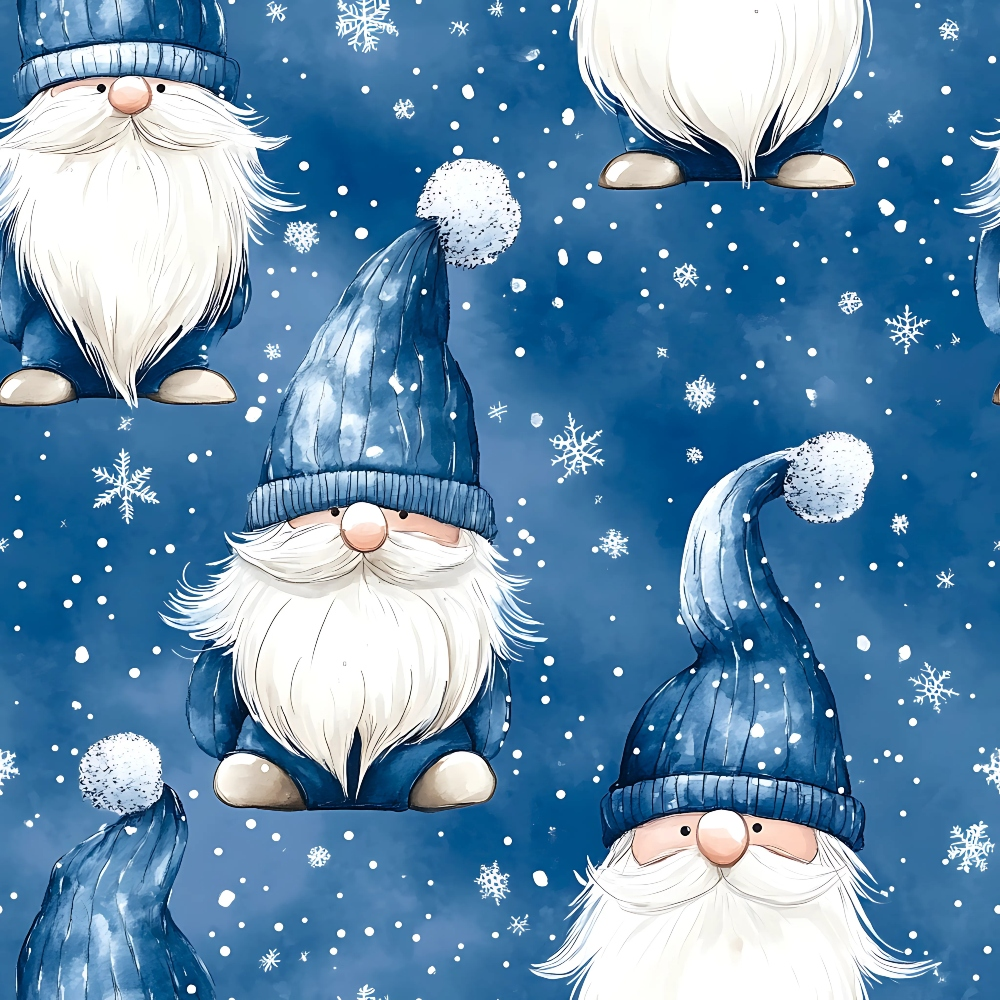 blue, winter gnomes,, fabric panel, snowflakes, white beards, knit hats, pom poms, navy blue, winter theme, cute characters, whimsical style, snowing, seasonal design, craft fabric, sewing material, repeating pattern, festive, cozy winter